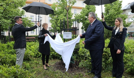 Miskolc és Selmecbánya testvérvárosi fájának dísztáblaavatása a Hősök terén található testvérvárosi fasoron 