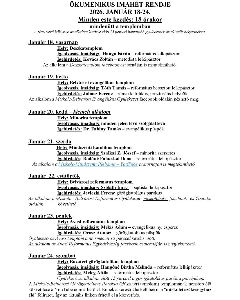 Ökumenikus imahét programja. Forrás: Deszkatemplom Facebook