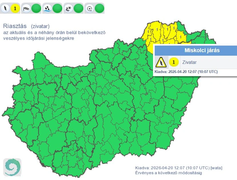 Miskolc elsőfokú riasztás zivatar